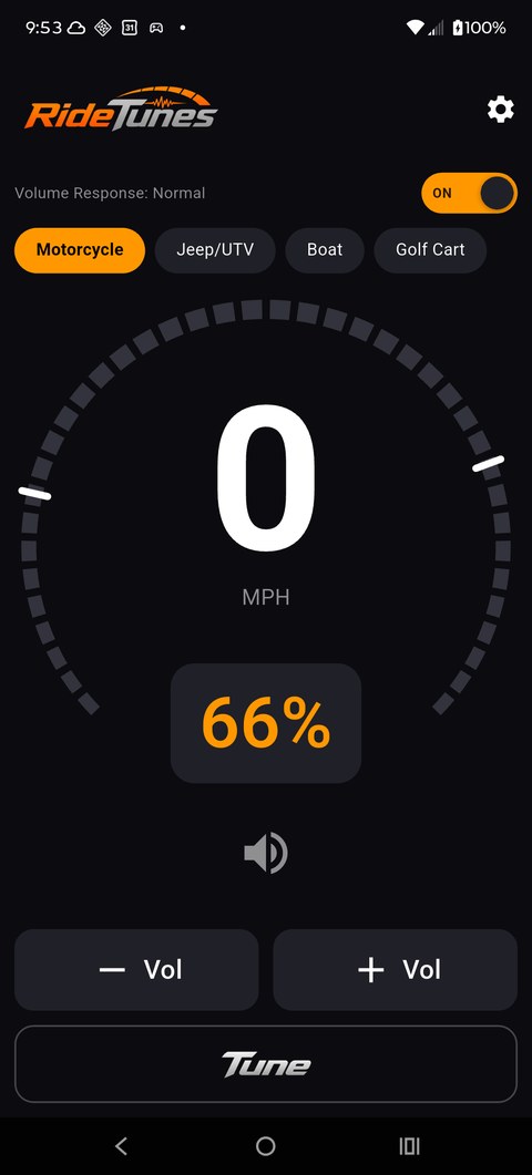RideTunes home screen showing live speed and volume