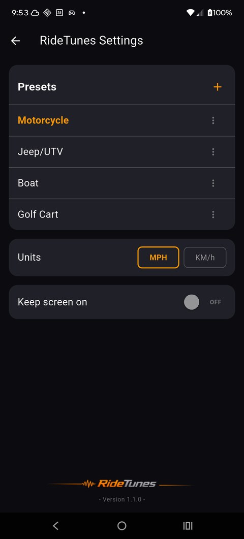 RideTunes settings screen showing presets