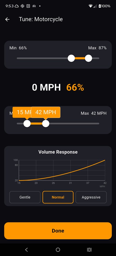 RideTunes tune screen showing volume response curve